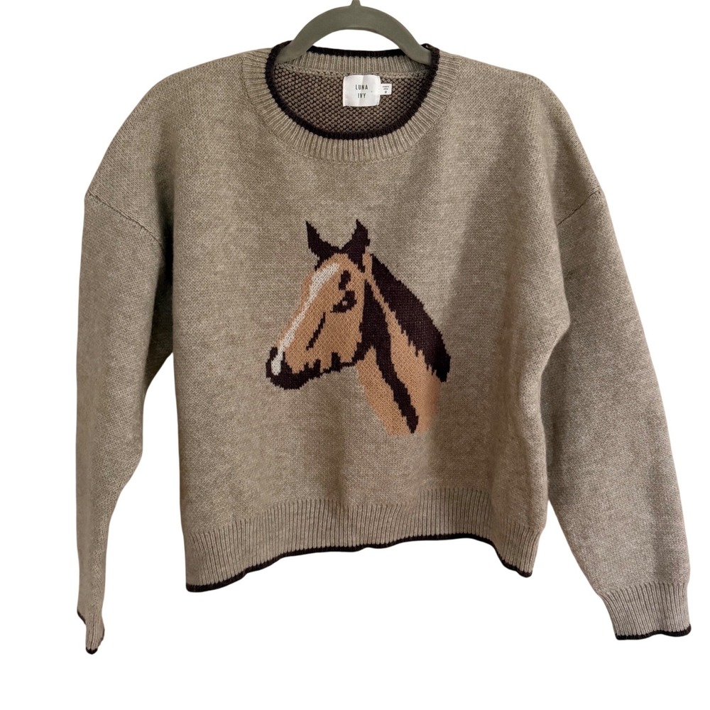 Luna Ivy Horse Knit Sweater Tan Brown Crewneck Medium Equestrian Western